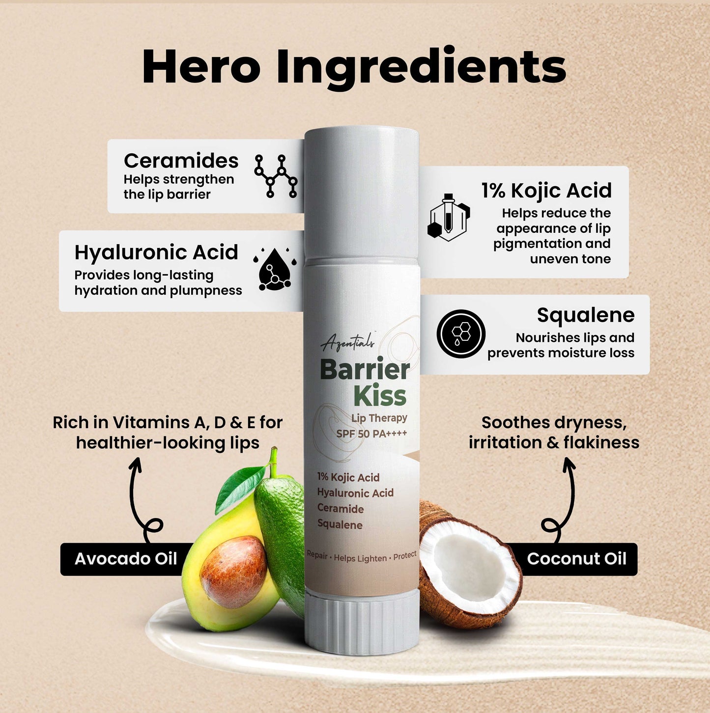 Barrier Kiss Lip Balm SPF 50 PA++++ | Advanced Lip Repair Balm for Dry & Pigmented Lips | Broad Spectrum Sun Protection | With Hyaluronic Acid, Ceramide & Squalene | For Men & Women