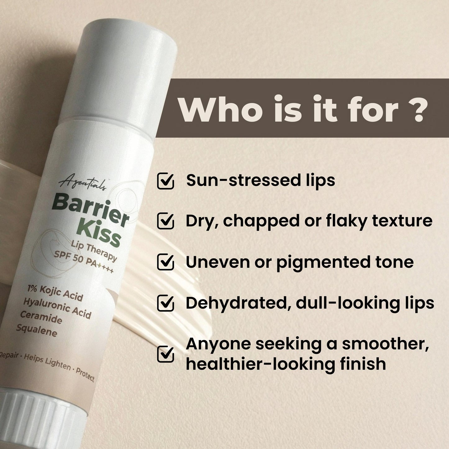 Barrier Kiss Lip Balm SPF 50 PA++++ | Advanced Lip Repair Balm for Dry & Pigmented Lips | Broad Spectrum Sun Protection | With Hyaluronic Acid, Ceramide & Squalene | For Men & Women