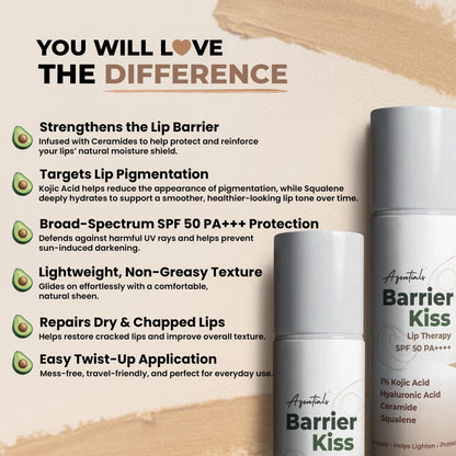 Barrier Kiss Lip Balm SPF 50 PA++++ | Advanced Lip Repair Balm for Dry & Pigmented Lips | Broad Spectrum Sun Protection | With Hyaluronic Acid, Ceramide & Squalene | For Men & Women